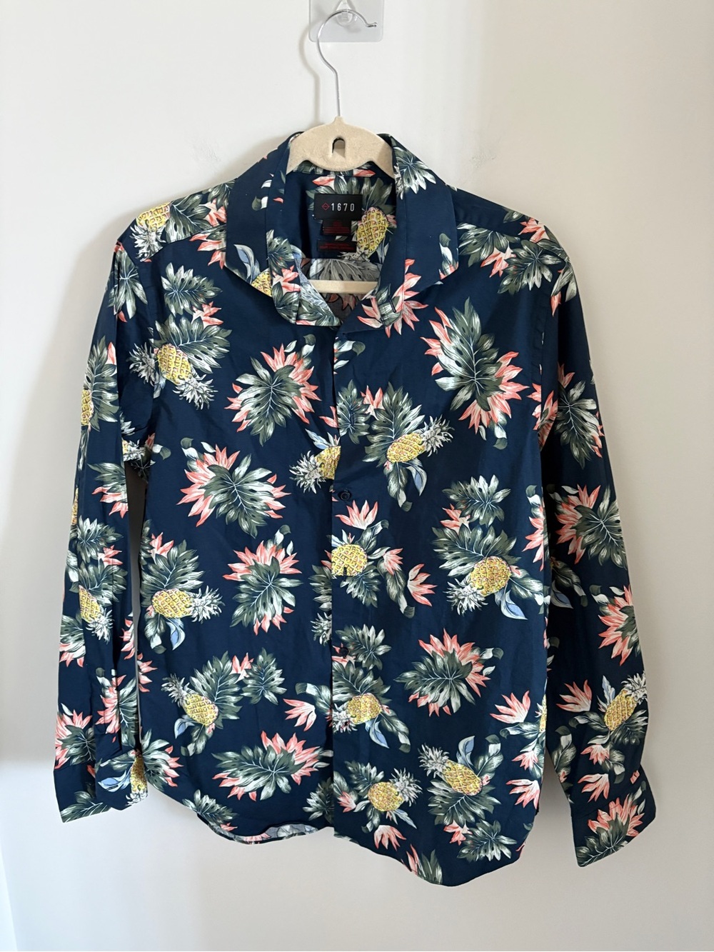 Men’s Navy Tropical Pineapple Print Long Sleeve Button Down Shirt Size 16.5